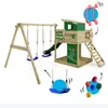 A wooden playground set with swings, a slide, and a small house, set against a white background. Various accessories are shown in smaller circles around the main product. Produktbild-Vorschau