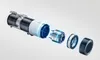 An exploded view of a vacuum cleaner's internal components, highlighting its motor and filtration system with glowing blue accents. Produktbild-Vorschau