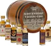A collection of miniature Scotch whisky bottles arranged in front of a wooden barrel-shaped tin. Produktbild-Vorschau