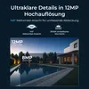 Marketing image showing a swimming pool and house at dusk, with text overlays describing camera features. Produktbild-Vorschau