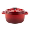 A red enameled cast iron pot with a silver lid knob, shown from the front on a white background. Produktbild-Vorschau