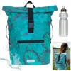 A collage of images showing a teal floral print roll-top backpack, a silver water bottle, and a woman wearing the backpack in an outdoor setting. Produktbild-Vorschau