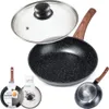 A granite frying pan with a glass lid and a wooden handle, shown from multiple angles and with packaging details. Náhled obrázku produktu