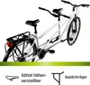 A white tandem bicycle is shown against a white background, with additional graphical elements and text below. Produktbild-Vorschau
