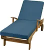 A wooden chaise lounge with a blue cushion, shown on a white background. Produktbild-Vorschau
