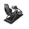 A racing simulator seat with a steering wheel and pedals, placed on a mat. Produktbild-Vorschau