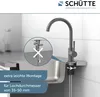 Close-up of a kitchen faucet being installed, with an inset diagram showing a mounting detail. Produktbild-Vorschau