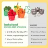 A comparison of two types of fruit and vegetable toys for babies, highlighting the features of plush toys versus plastic toys. Produktbild-Vorschau