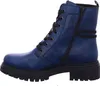 A side view of a blue lace-up boot with a black sole and laces. Voir les images du produit
