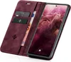 A burgundy flip-case wallet for a smartphone is open, showing the phone's screen and the inside of the wallet with cards and a banknote. Produktbild-Vorschau