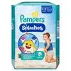 A package of Pampers Splashers swim diapers featuring Baby Shark characters, with a beach scene background and a child wearing the product. Podgląd zdjęcia produktu