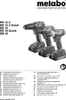 A product manual cover page with a picture of three cordless drills and a list of languages with corresponding manual titles. Podgląd zdjęcia produktu