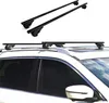 Two black roof racks are shown against a white background, and a pair of roof racks are installed on the roof of a white car. Podgląd zdjęcia produktu