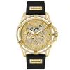 A close-up, studio shot of a gold Guess watch with a black band, set against a white background. Podgląd zdjęcia produktu