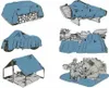 A collage of images showing different uses of blue tarps, including covering a vehicle, a boat, and a tent, as well as people using a tarp for a picnic. Produktbild-Vorschau