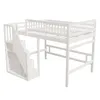 A white loft bed with stairs and safety rails, shown from a slightly elevated side angle against a white background. Náhled obrázku produktu