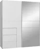 A white wardrobe with mirrored doors and drawers against a white background. Produktbild-Vorschau
