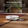 A white robot vacuum cleaner is shown on a rug and wooden floor, with text overlays highlighting a feature. Produktbild-Vorschau