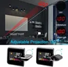 A bedroom scene with a digital projection alarm clock, and close-up views of the clock's display and projection mechanism. Produktbild-Vorschau