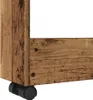 Close-up view of the bottom corner of a wooden storage cart with wheels. Podgląd zdjęcia produktu