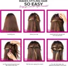 A step-by-step visual guide demonstrating how to use a hair styling tool to create a ponytail hairstyle. Produktbild-Vorschau