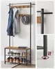A vertical collage showing a coat rack with shoes on the shelves, and close-up shots of the coat rack's structure. Náhled obrázku produktu