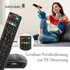 A woman is sitting on a couch, holding a remote control and a mug, while a digital satellite receiver and remote controls are displayed. Produktbild-Vorschau
