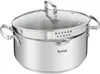 A stainless steel pot with a glass lid and a steamer insert. Produktbild-Vorschau