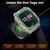 A smartwatch is shown charging on its dock, with text overlay indicating battery life information. Produktbild-Vorschau