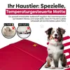 A dog sitting on a red mat with text and images describing its features. Produktbild-Vorschau