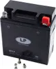 A black motorcycle battery with silver and red accents, shown on a white background with some small metal screws and nuts. Produktbild-Vorschau