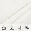 A close-up of white fabric with four icons at the bottom representing product features. Voir les images du produit