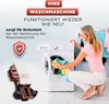A woman loading laundry into a washing machine, with a product part in the foreground. Produktbild-Vorschau
