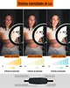 A woman is shown demonstrating different light intensities of a ring light. Produktbild-Vorschau