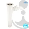 A white sink siphon pipe with a device connection is shown against a white and light gray background. Produktbild-Vorschau