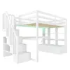 A white loft bed with stairs, desk, and shelves, against a white background. Produktbild-Vorschau