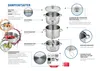 An exploded view diagram of a multi-part stainless steel steamer/juicer pot with labels and illustrations. The diagram shows the lid, steamer insert, main pot, and base pot, along with close-ups of features and a graphic showing fruit and juices. Produktbild-Vorschau