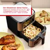 An air fryer is shown with food items like chicken wings, fries, and dried apples, along with promotional text. Produktbild-Vorschau