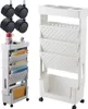 Two white rolling storage carts and a set of black casters against a white background. Produktbild-Vorschau