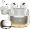 A collection of white wireless earbuds and their silver charging case, with a digital display showing battery status. Náhled obrázku produktu