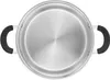 Top-down view of an empty stainless steel pot with black handles. Voir les images du produit