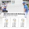 Two men carrying a mattress, with product size and weight information displayed below. Produktbild-Vorschau