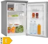 An open refrigerator with food items inside and an energy efficiency label at the bottom left. Produktbild-Vorschau
