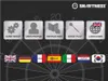 A digital interface for a dartboard game, showing options like game setup, user profile, instructions, quick play, and language selection. Produktbild-Vorschau
