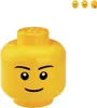 A yellow LEGO storage head with a face printed on it, shown against a white background. Three smaller LEGO heads are visible in the top right corner. Produktbild-Vorschau