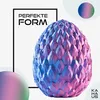 A 3D rendered dragon egg with a textured, scaled surface, colored in a gradient of blue, pink, and purple. It is placed on a light gray and white speckled background with abstract circular and rectangular graphic elements. Produktbild-Vorschau