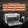 A silver aluminum diamond plate truck box with its lid open, showing dimensions and specifications. Produktbild-Vorschau