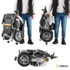 Collage of an electric wheelchair shown from different angles and states of folding, with a person demonstrating its size. Náhľad obrázku produktu