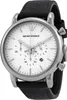 A close-up studio shot of an Emporio Armani watch with a white dial and black leather strap. Produktbild-Vorschau