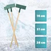Three ice scrapers with wooden handles are displayed against a snowy background. Text overlays indicate different sizes. Produktbild-Vorschau